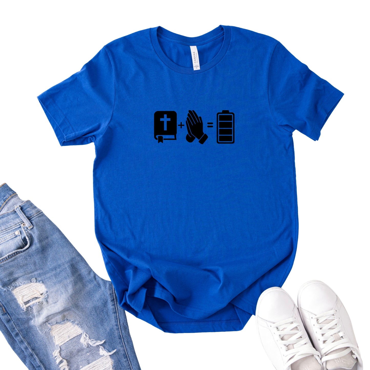Faith, Prayer & Recharge T‑Shirt — Bible, Praying Hands, Battery Icons