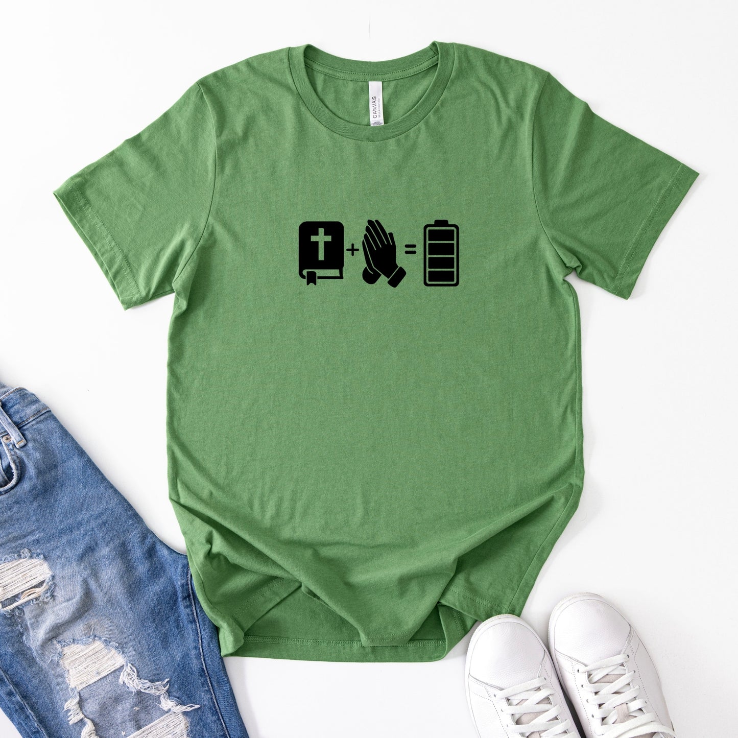 Faith, Prayer & Recharge T‑Shirt — Bible, Praying Hands, Battery Icons
