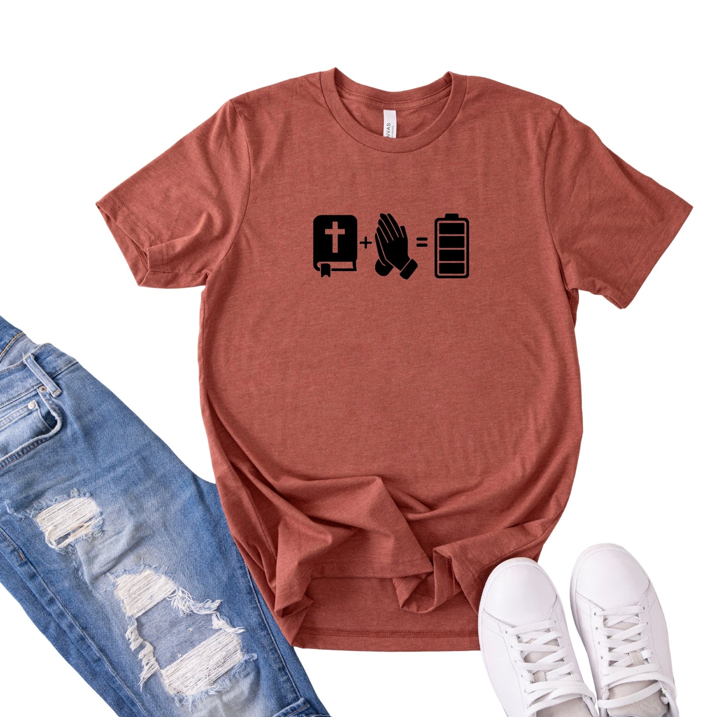 Faith, Prayer & Recharge T‑Shirt — Bible, Praying Hands, Battery Icons