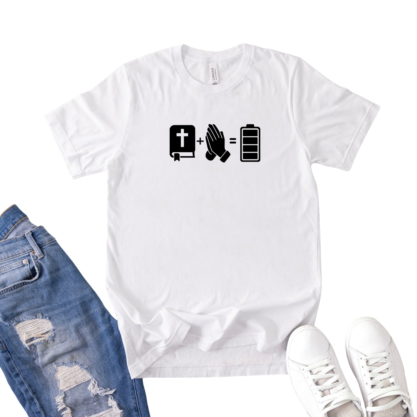 Faith, Prayer & Recharge T‑Shirt — Bible, Praying Hands, Battery Icons