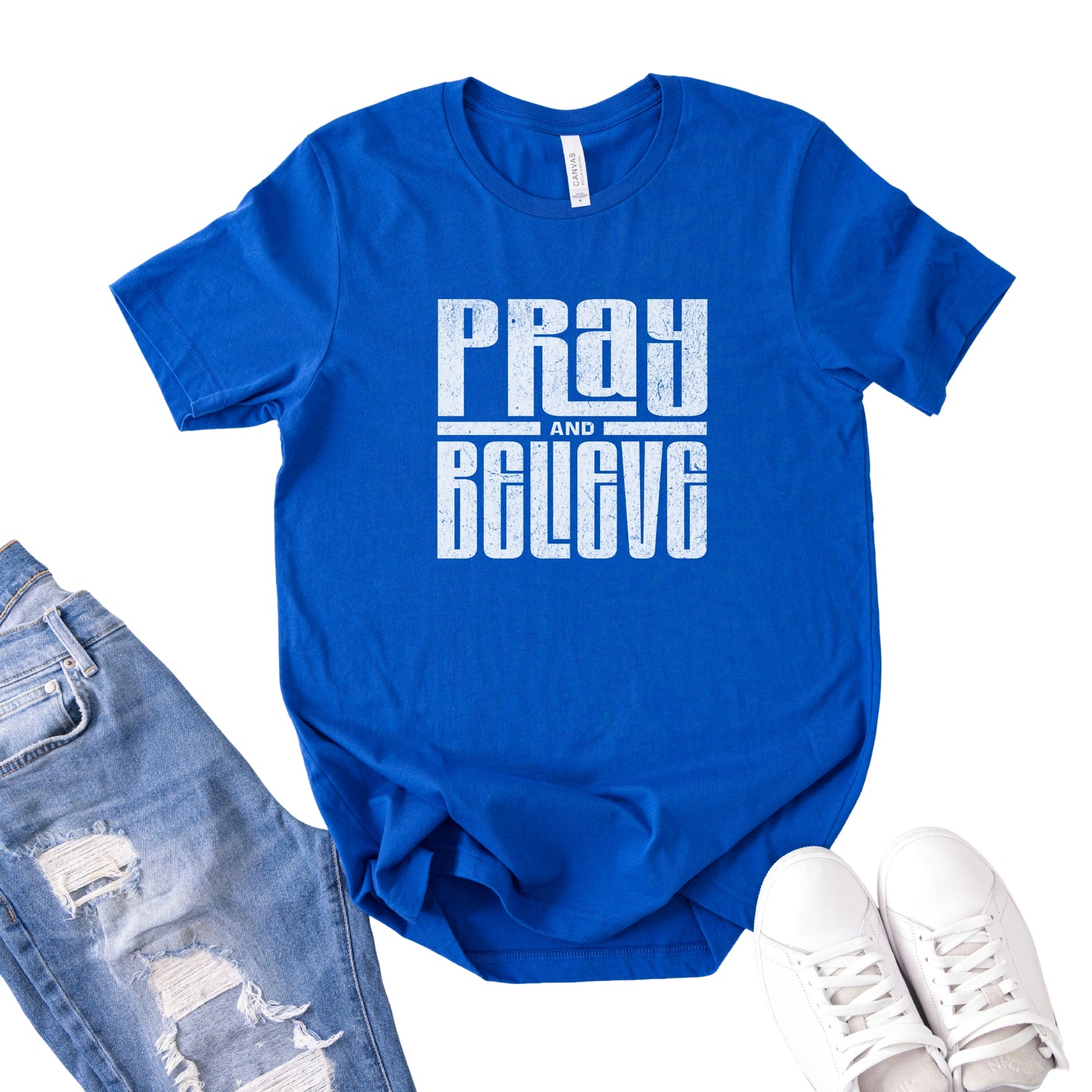 Pray and Believe T-Shirt — Inspirational Faith Tee (Pink Block Letter Design)