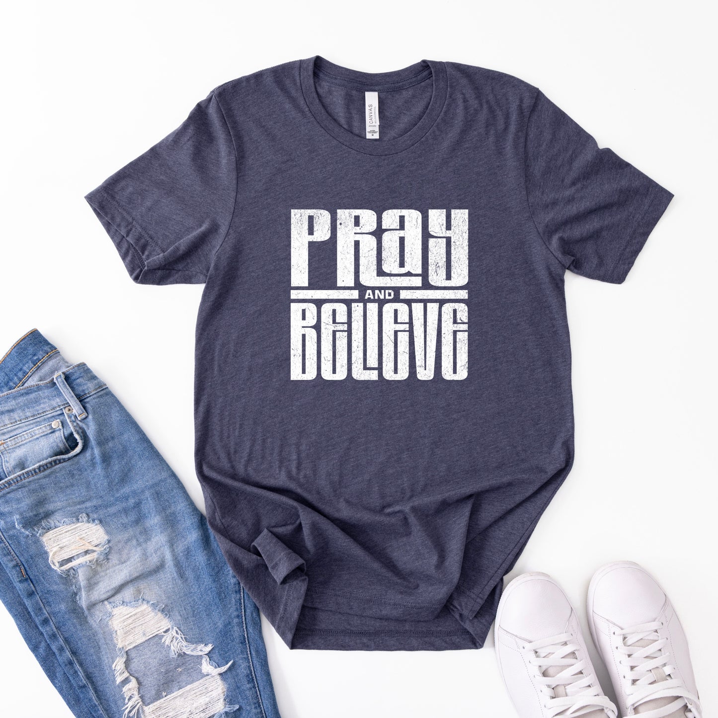 Pray and Believe T-Shirt — Inspirational Faith Tee (Pink Block Letter Design)